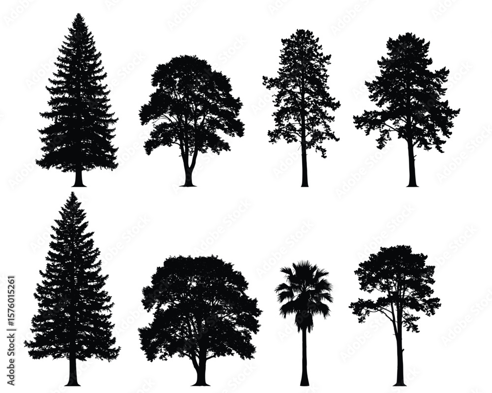 Fototapeta premium Tree Silhouettes Collection: A diverse set of eight distinct tree silhouettes, including evergreen, deciduous and palm trees, ideal for design projects needing nature-inspired graphics.