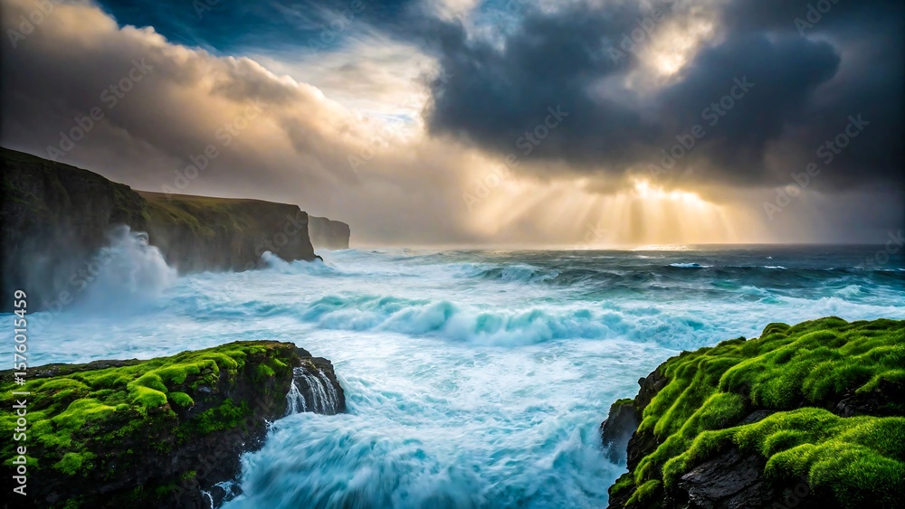 Obraz premium Powerful ocean waves crashing against mossy cliffs under dramatic sky 
