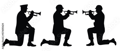 Taps Silhouette: Three solemn military figures kneeling and playing taps on their bugles, rendered in stark black silhouettes against a field of reflection.