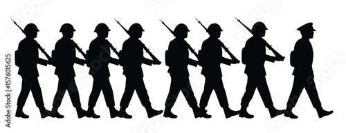 Silhouette March: A stylized silhouette of soldiers marching, evoking the discipline and unity of a military procession. The image captures the essence of collective action and strength in a striking.