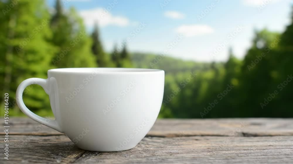 A white mug rests on a wooden surface set against a green blurred outdoor landscape A white mug rests on a wooden surface set against a green blurred outdoor landscape