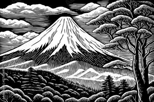 Mount Fuji, the iconic Japanese volcano with snowy peak and symmetrical shape, in a tranquil black and white line art illustration, ideal for cultural, travel, and landscape design