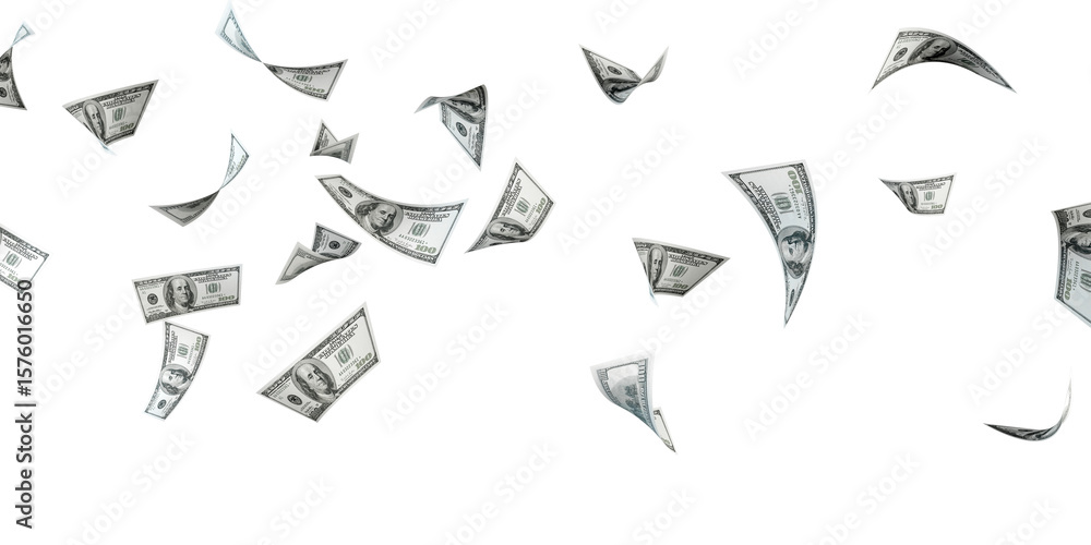 Fototapeta premium USA dollars bill falling from the sky on transparent