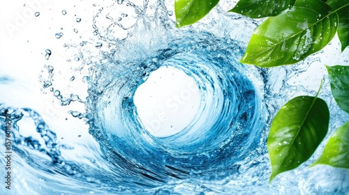 Circular water splash design featuring vibrant green leaves.
