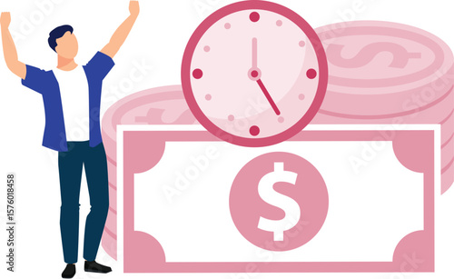 A boy is dancing with joy to get money on time.