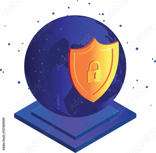 Isometric vector of a glowing purple Earth surrounded by digital data streams, protected by a yellow shield emblem with a padlock. It symbolizes global cybersecurity and data protection. Internet 