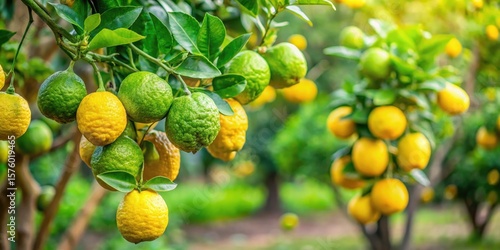 A citrus fruit bergamot tree with multiple green and yellow fruits hanging from branches in a lush garden, trees, green,  trees, green
