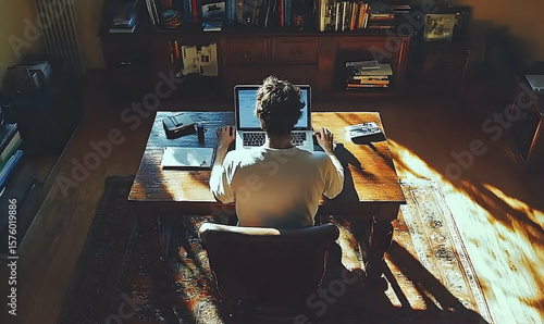 Back view of person working on laptop at wooden desk in sunlit r
