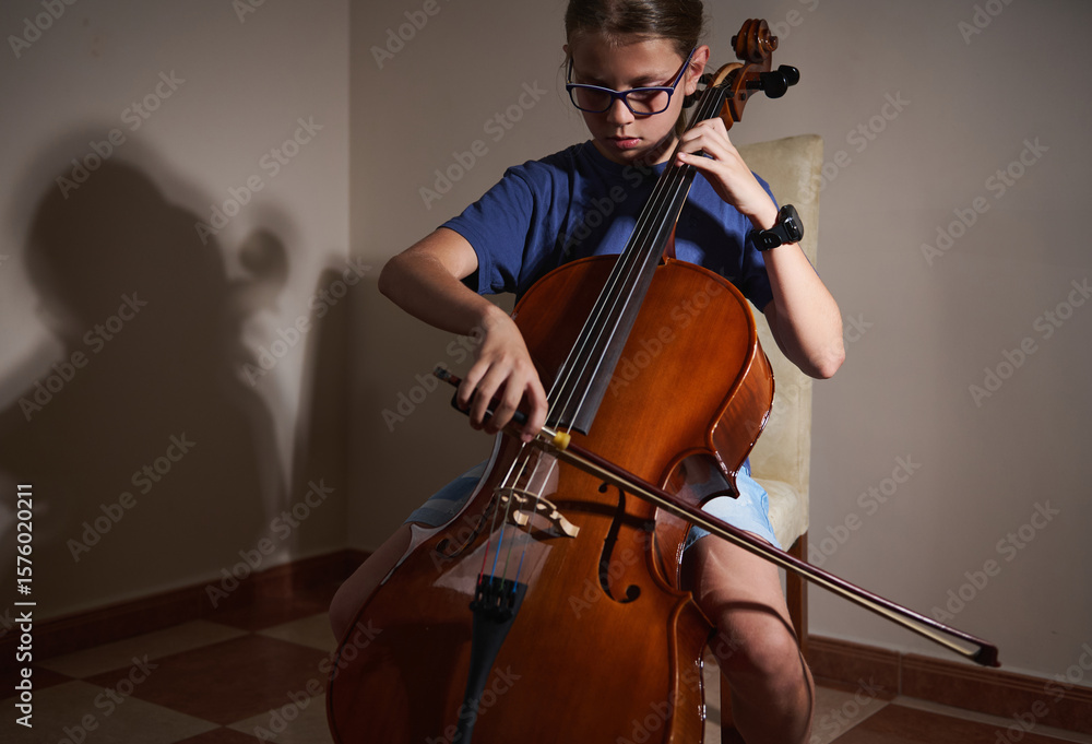 Young Musician Practicing the Cello in a Peaceful Indoor Setting Young Musician Practicing the Cello in a Peaceful Indoor Setting