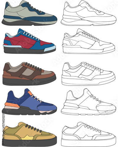 Set sneaker shoe concept. Sneakers design. Vector illustration. Set of sneakers style. Sneakers side view. Fashion sneakers.