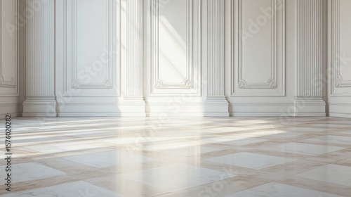 Empty  elegant room with sunlit  paneled walls and a polished marble floor.