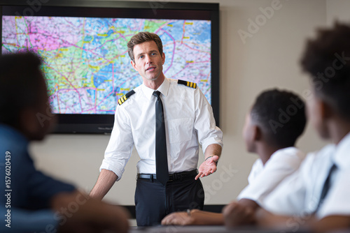 A pilot in uniform is explaining aviation concepts to students, with a detailed map displayed on a screen behind him.