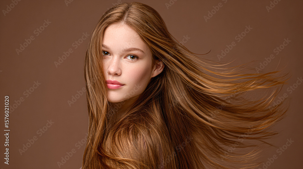 Fototapeta premium A young woman with long, flowing brown hair poses against a plain brown background, showcasing healthy, shiny locks and a serene expression.