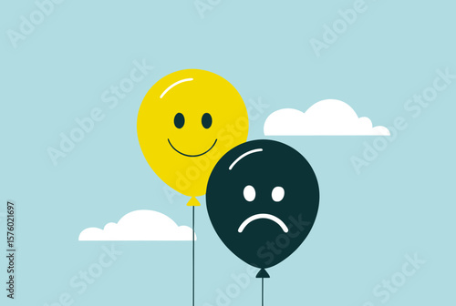 Vector illustration of happy yellow and sad black balloons with clouds on a light blue background
