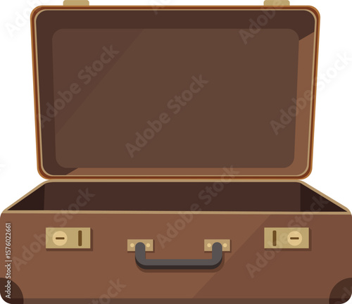 Open Empty Suitcase. Travel Bag. Packing Luggage or Trip Preparation Concept. Vector Illustration in flat style. Retro Vintage Leather Suitcase With Metal Corners, Belts and Handle