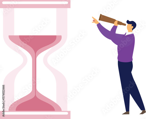 Boy is seeing the hour glass by using telescope.