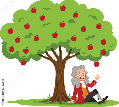 Cartoon of Isaac Newton sitting under apple tree, discovering gravity, educational science vector, historical physics moment, illustration for learning