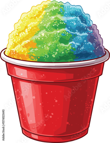 Colorful rainbow shaved ice in red plastic cup, summer dessert illustration, sweet cold treat, vibrant icy snack cartoon vector drawing