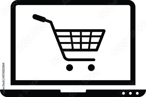 online shopping vector icon, shopping cart icon on laptop screen, Containing bag, basket, online shop business, click button. for app and website
