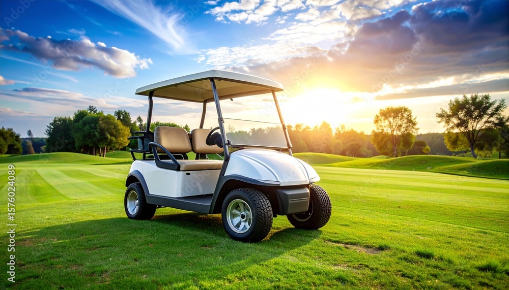 Fototapeta premium Serene Sunset Golf Cart on Lush Green Course.