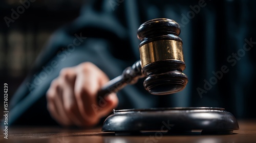 Striking Gavel Close Up, Justice and Legal System Concept