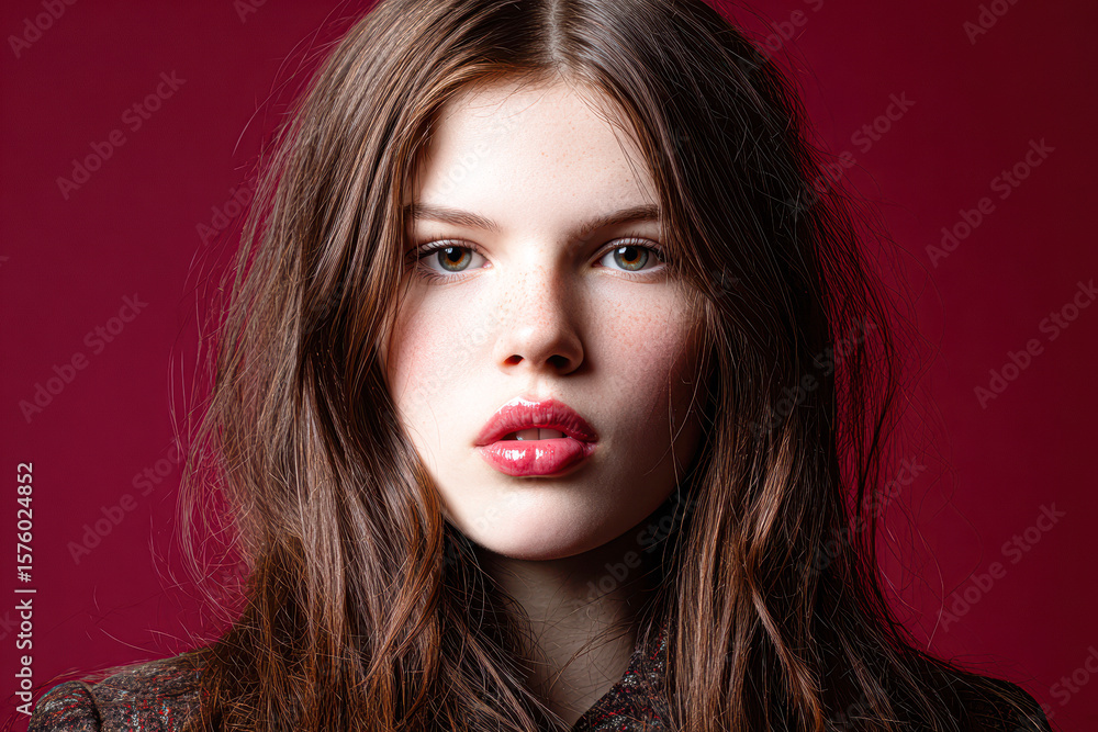 Fototapeta premium Close-up portrait of a young woman with long brown hair, natural makeup, and glossy lips against a deep red background.