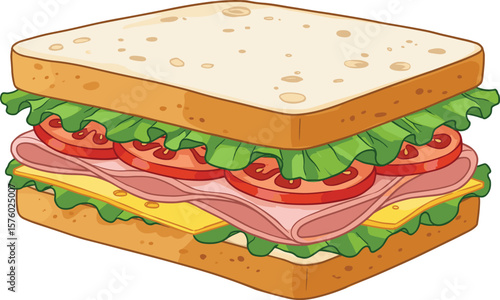 Delicious cartoon sandwich with ham, cheese, lettuce, tomato and bread, vector illustration, healthy lunch food, tasty snack drawing