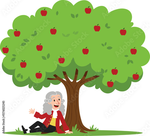 Famous scientist cartoon under apple tree, Newton discovery moment, gravity concept, educational vector illustration, science learning design, historical knowledge clipart