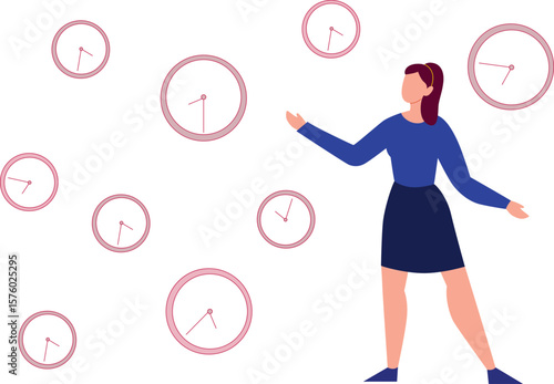 The girl is showing different sizes of clocks