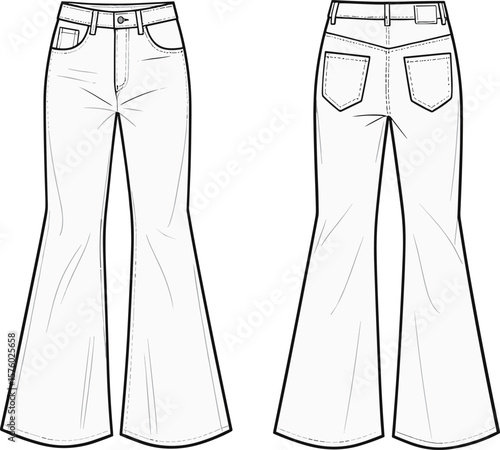 Flared jeans fashion flat sketch, front and back technical drawing, bootcut denim pants template, unisex apparel illustration, vector CAD design