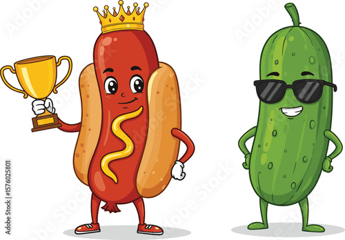 Funny cartoon hot dog character with crown and trophy, standing next to cool cucumber with sunglasses, food mascot vector illustration
