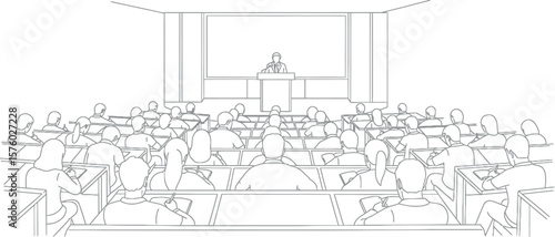 Lecture Hall Audience with Speaker at Podium Line Art Illustration