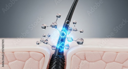 Hair follicle and revitalizing serum: Close-up illustration of serum with molecule around hair follicle promote healthy hair.
