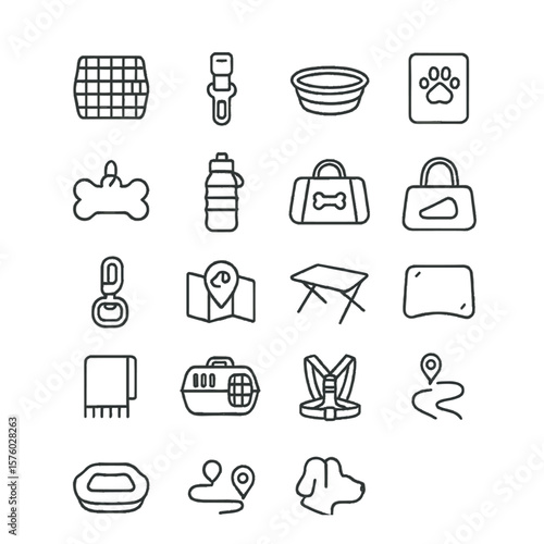 Dog Travel Essentials line art icons. car crate, seat belt clip, travel bowl, passport paw, ID tag, collapsible water bottle, road trip bag, sun shade, leash clip, dog map icon,