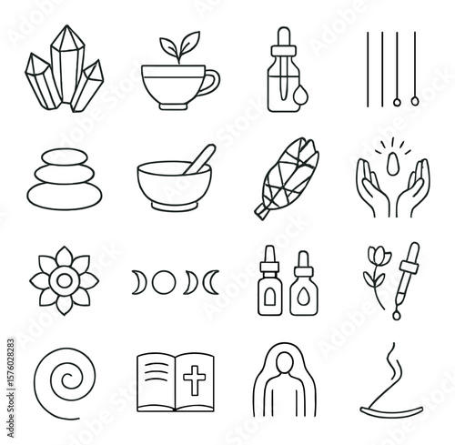 Holistic Healing Tools line art icons. crystals, herbal tea, aromatherapy bottle, acupuncture needles, massage stone, sound bowl, sage bundle, healing hands, chakra symbol, moon