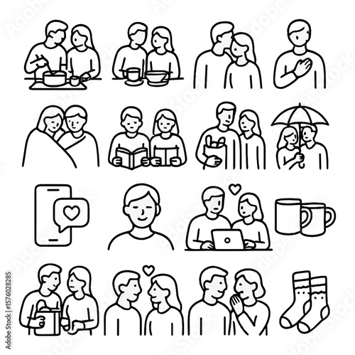 Everyday love line art icons. cooking together, shared breakfast, forehead kiss, hand on heart, blanket cuddle, side-by-side books, holding groceries, shared umbrella, text