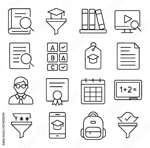 Search in Education line art icons. book magnifier, course finder, subject filter, library icon, lecture video search, notes lookup, test bank icon, study tag, syllabus icon,