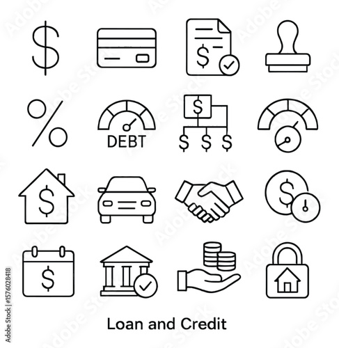 Loan and Credit line art icons. dollar sign, credit card, loan document, approval stamp, interest rate icon, debt meter, payment plan, credit score gauge, mortgage house, car loan,