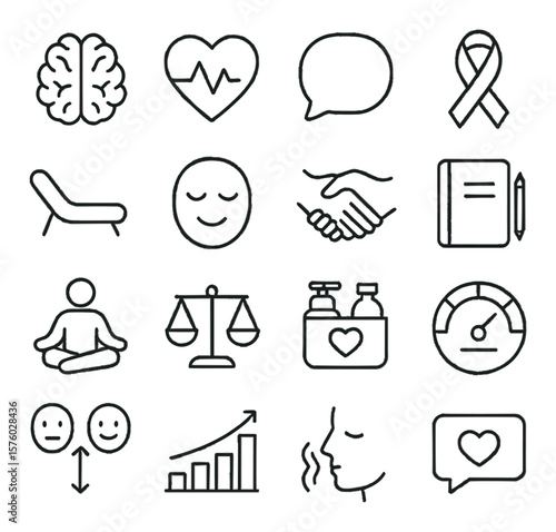 Mental Health Awareness line art icons. brain icon, heart with pulse, talking bubble, support ribbon, therapy chair, calm face, helping hand, journal, mindfulness icon, stress