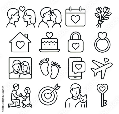 Relationship milestones line art icons. first meeting, first kiss, date calendar, bouquet, shared home, anniversary cake, love lock, promise ring, couple photo, baby steps,