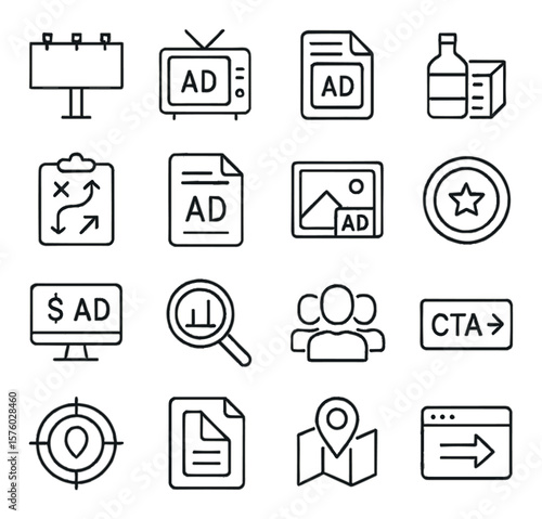 Advertising strategy line art icons. billboard icon, TV ad, print ad, product placement, marketing plan, ad copy, visual ad, branding icon, ad spend, market research, focus group,