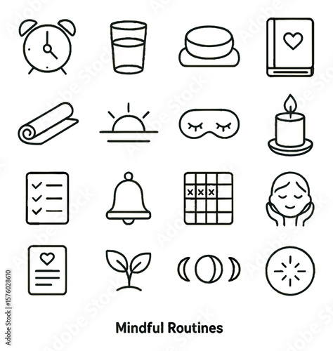Mindful Routines line art icons. alarm clock, water glass, meditation cushion, gratitude journal, yoga mat, sunrise, sleep mask, calming candle, to-do list, mindful bell, habit