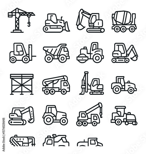 Heavy Machinery line art icons. tower crane, bulldozer, excavator, cement mixer, forklift, dump truck, road roller, backhoe, scaffolding, concrete pump, pile driver, grader, trench