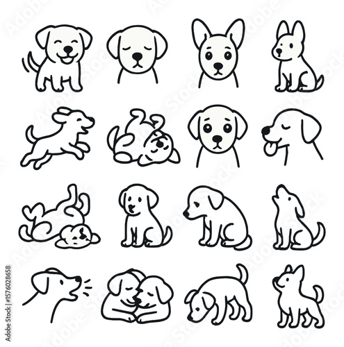 Dog Emotions line art icons. happy tail wag, sleepy face, excited ears, alert posture, playful jump, rolling on back, begging eyes, licking face, belly up, calm sit, scared tuck,
