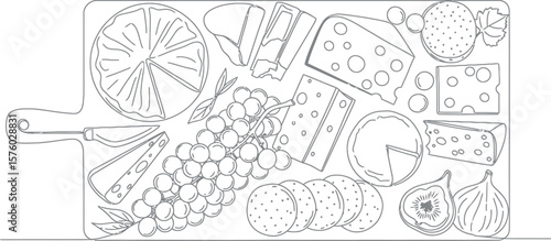 Gourmet Cheese Board Line Art Illustration with Fruits and Crackers
