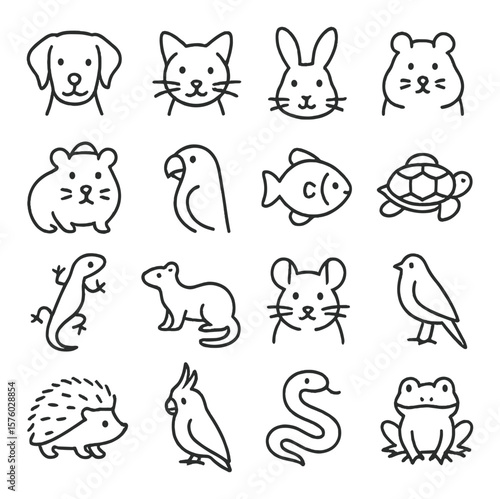 Common Household Pets line art icons. dog, cat, rabbit, hamster, guinea pig, parrot, fish, turtle, gecko, ferret, chinchilla, canary, hedgehog, cockatiel, snake, frog.