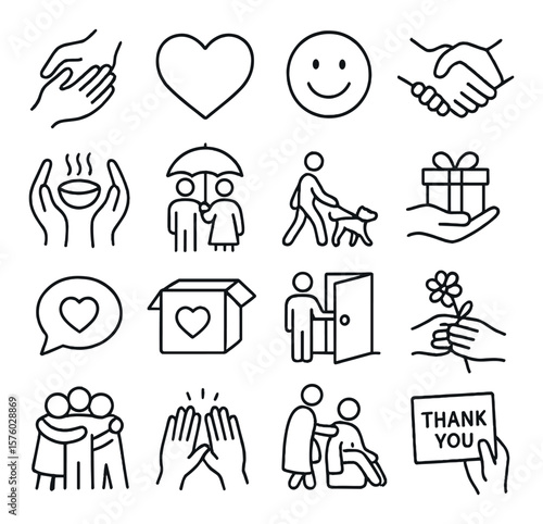 Acts of Kindness line art icons. helping hands, open heart, smile face, handshake, shared meal, holding umbrella, walking dog, giving gift, kind words bubble, care package, holding