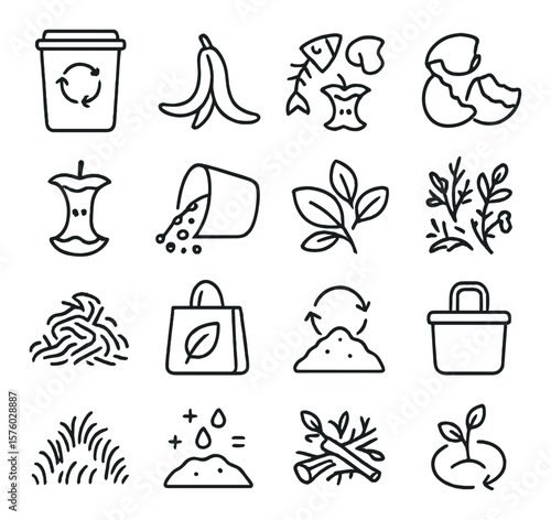 Organic recycling line art icons. compost bin, banana peel, food scraps, eggshells, apple core, coffee grounds, leaf pile, garden waste, shredded veggies, biodegradable bag,