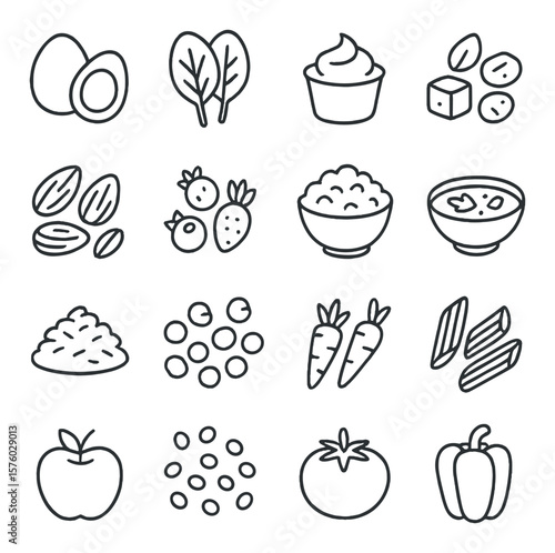 Vegetarian diet line art icons. boiled eggs, spinach, Greek yogurt, tofu, almonds, berries, cottage cheese, veggie soup, rice, chickpeas, carrots, whole grain pasta, apple, lentils