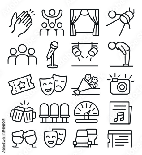 Stage applause line art icons. clapping hands, standing ovation, curtain icon, spotlight, audience silhouette, microphone, stage lights, performer bowing, ticket stub, theater mask